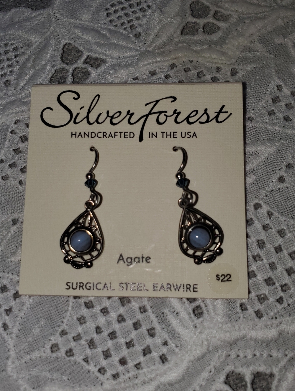 Silver Forest Light Blue Agate Filigree Teardrop, NWT,  1-1/4"with gift box